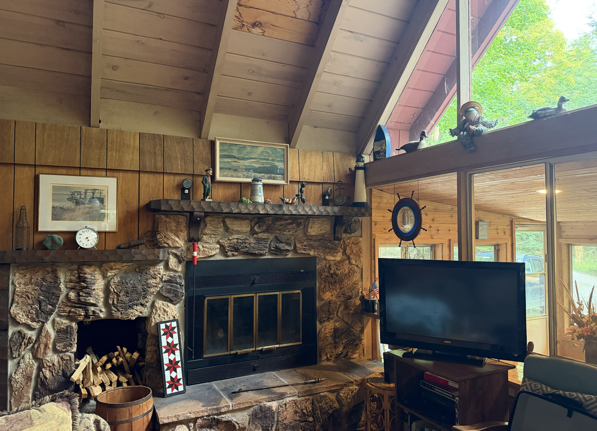 The great room and stone fireplace